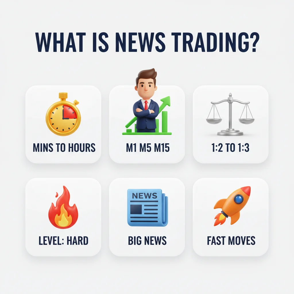 An infographic explaining "What is News Trading?" with six illustrative icons and text.