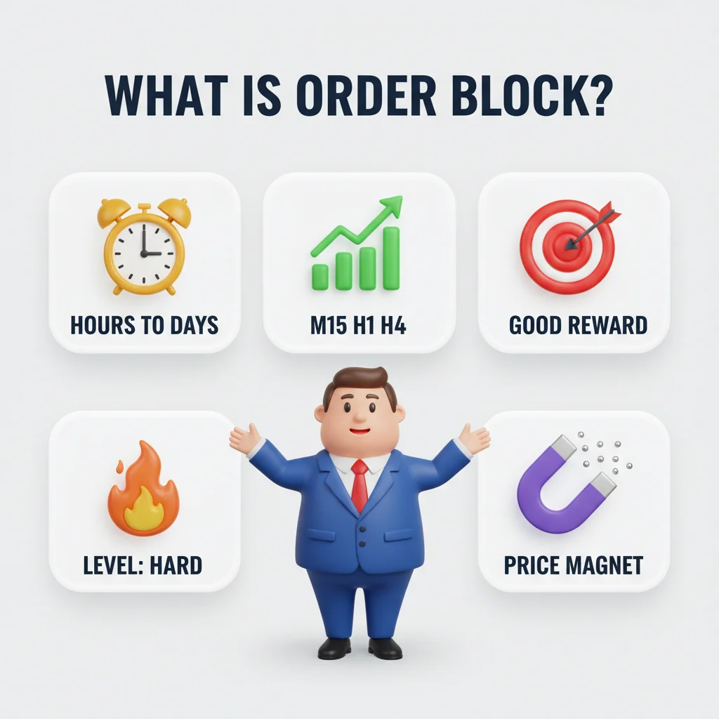 An infographic explaining "What is Order Block?" with five key characteristics and a cartoon businessman.