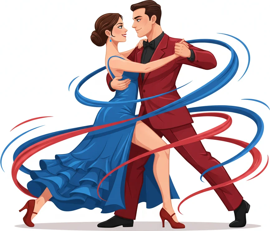 A cartoon couple in formal attire dancing, with red and blue ribbons swirling around them.