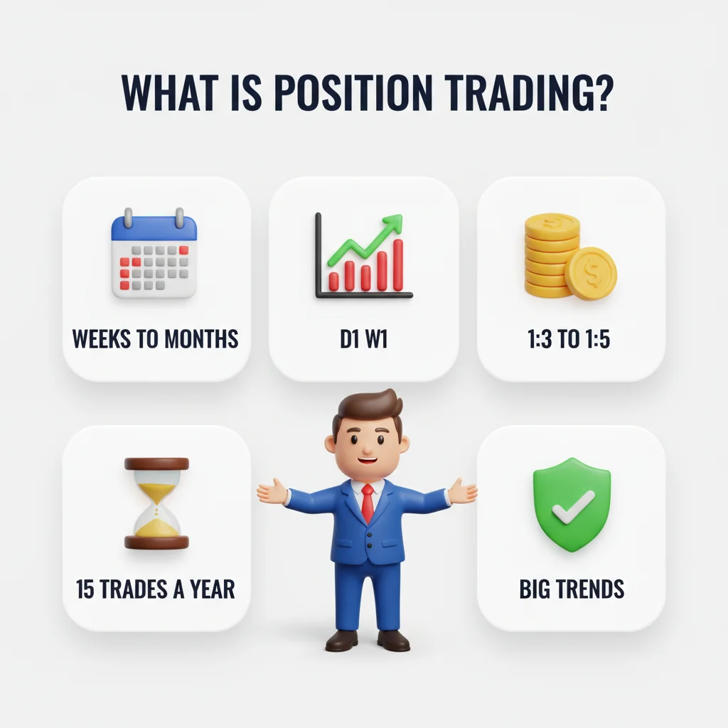 What is Position Trading infographic — weeks to months, D1/W1, 1:3 to 1:5 ratio, 15 trades per year, wide stops, big trends