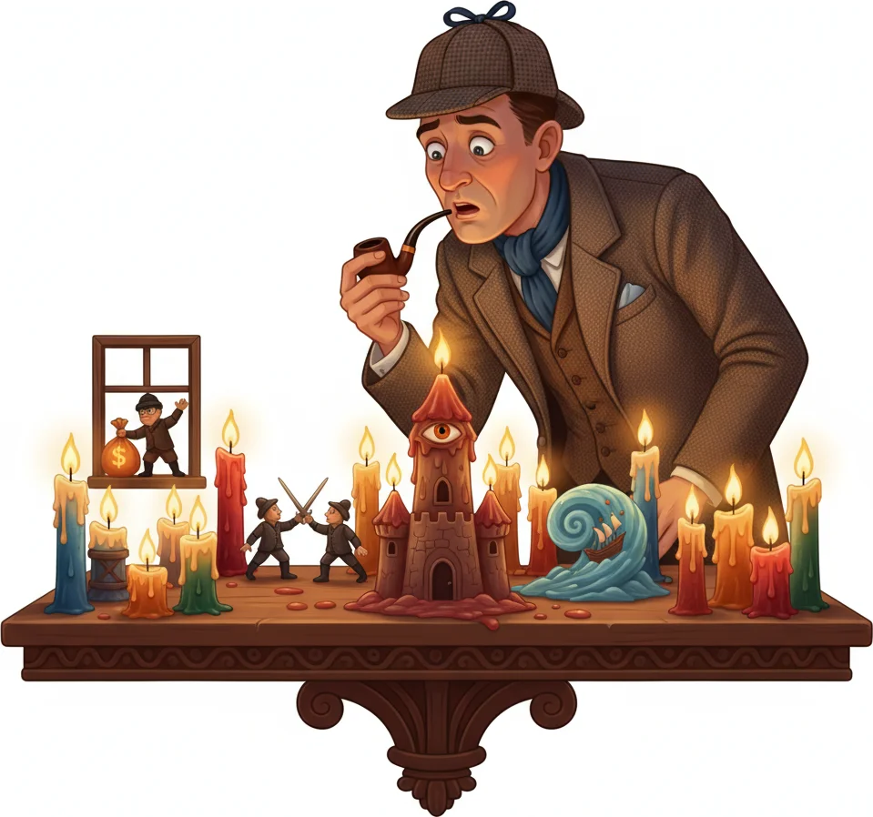 A detective observes a table with candles depicting various financial and market scenarios.