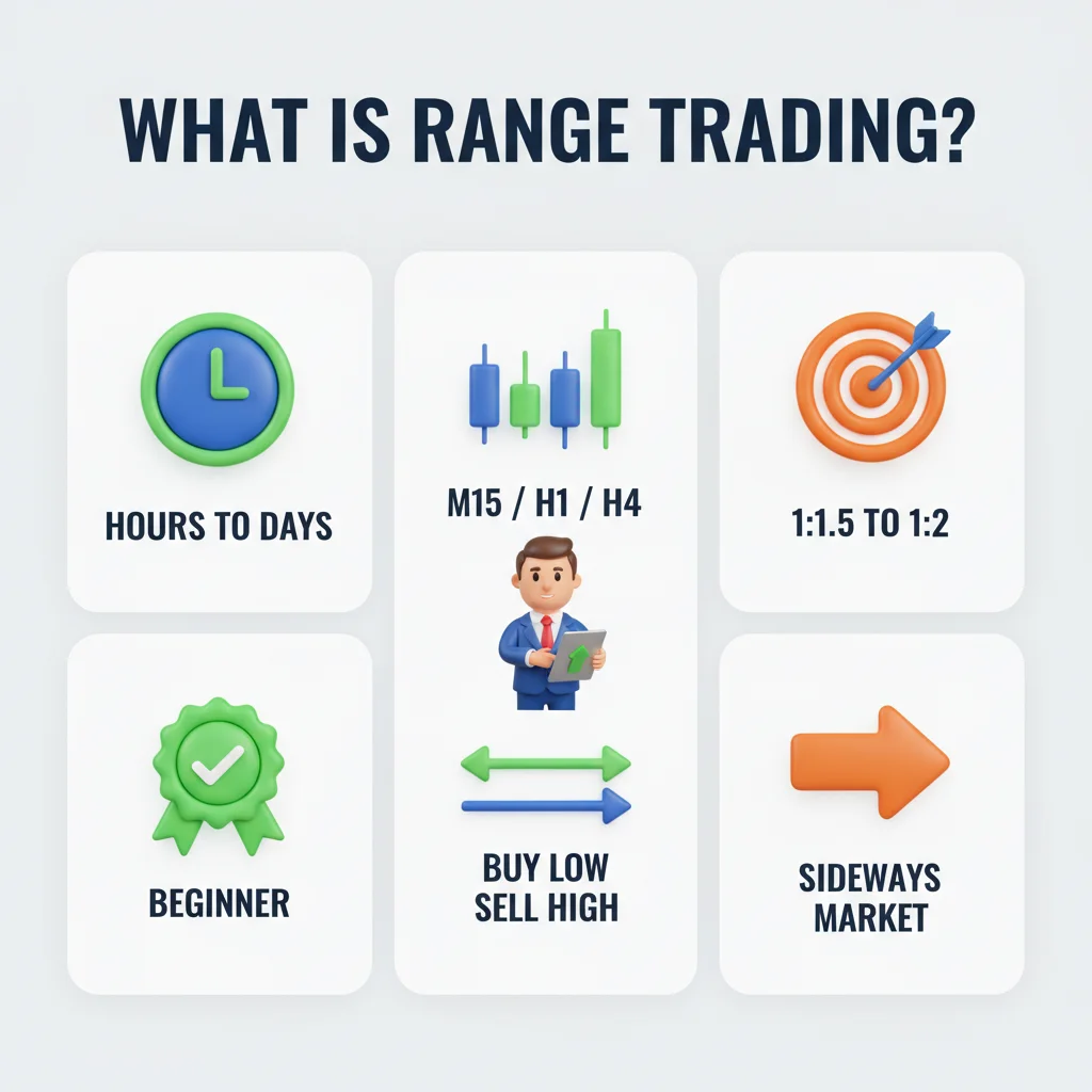 An infographic explaining range trading with key characteristics like timeframes, risk-reward, and market conditions.