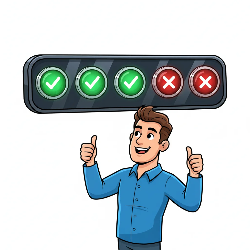 A happy man gives two thumbs up below a progress bar with three green checks and two red crosses.