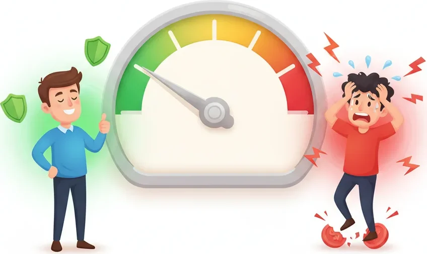 Risk gauge showing safe green zone vs danger red zone — position sizing matters