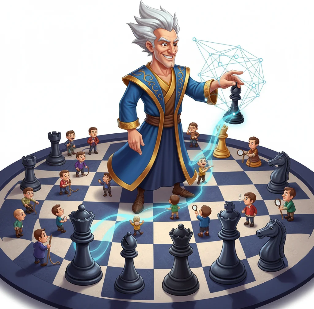 A wizard-like figure moves a chess piece on a board surrounded by small people.