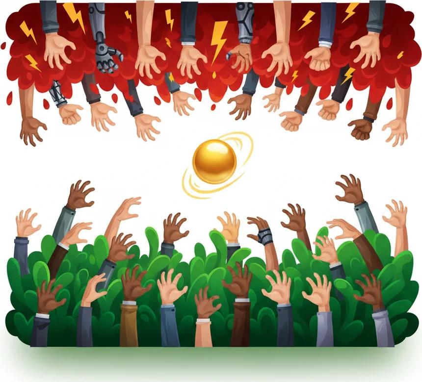 Hands reaching for a golden orb, some from a red cloud, others from green bushes.