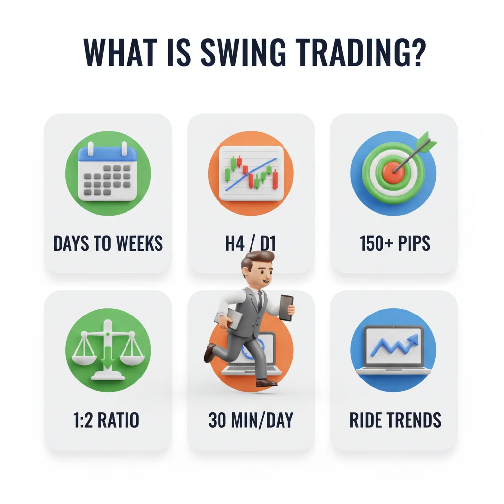 An infographic explaining swing trading with six key characteristics like duration, charts, and profit.