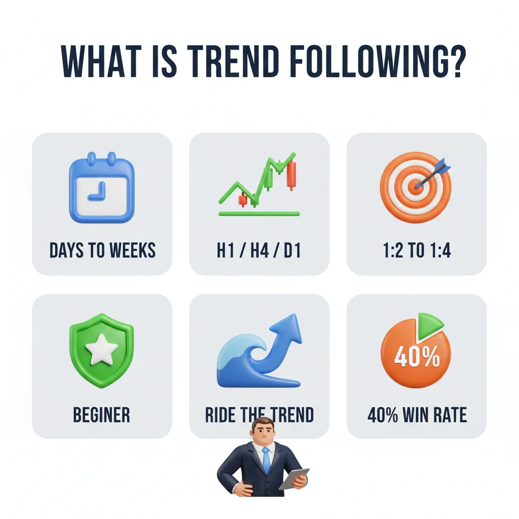 What is Trend Following infographic — days to weeks, H1/H4/D1, 1:2 to 1:4 ratio, beginner friendly, ride the trend, 40% win rate
