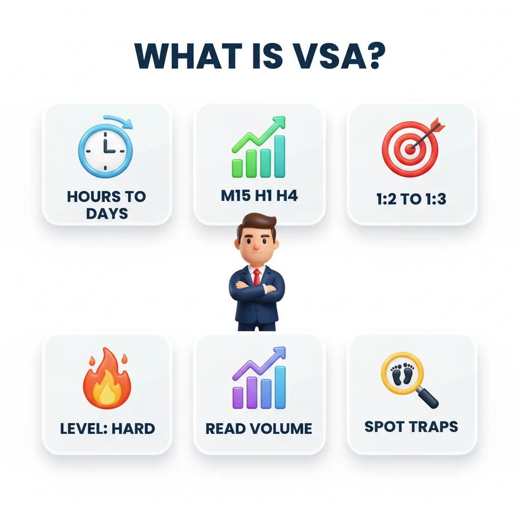 An infographic explaining "What is VSA?" with six key aspects and a 3D businessman.