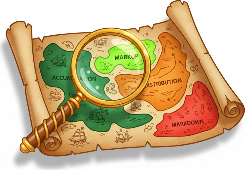 A treasure map-style illustration showing four phases: Accumulation, Markup, Distribution, and Markdown, viewed through a magnifying glass.