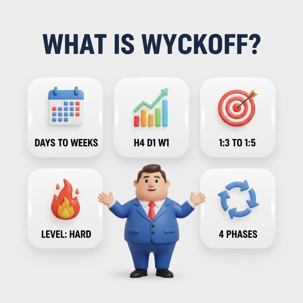 An infographic explaining Wyckoff analysis with a cartoon businessman and icons.