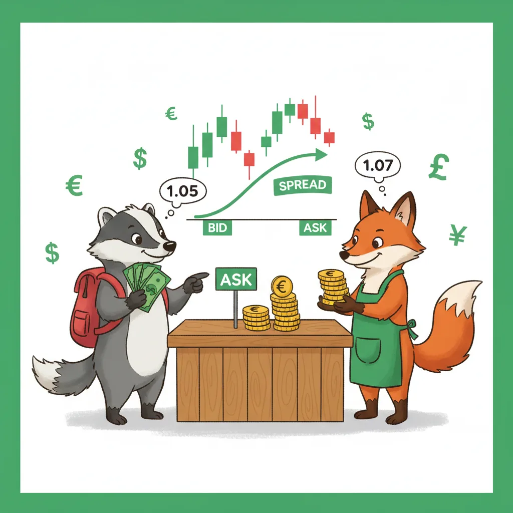 Buyer facing seller at the Ask price - the spread gap shown with green arrow