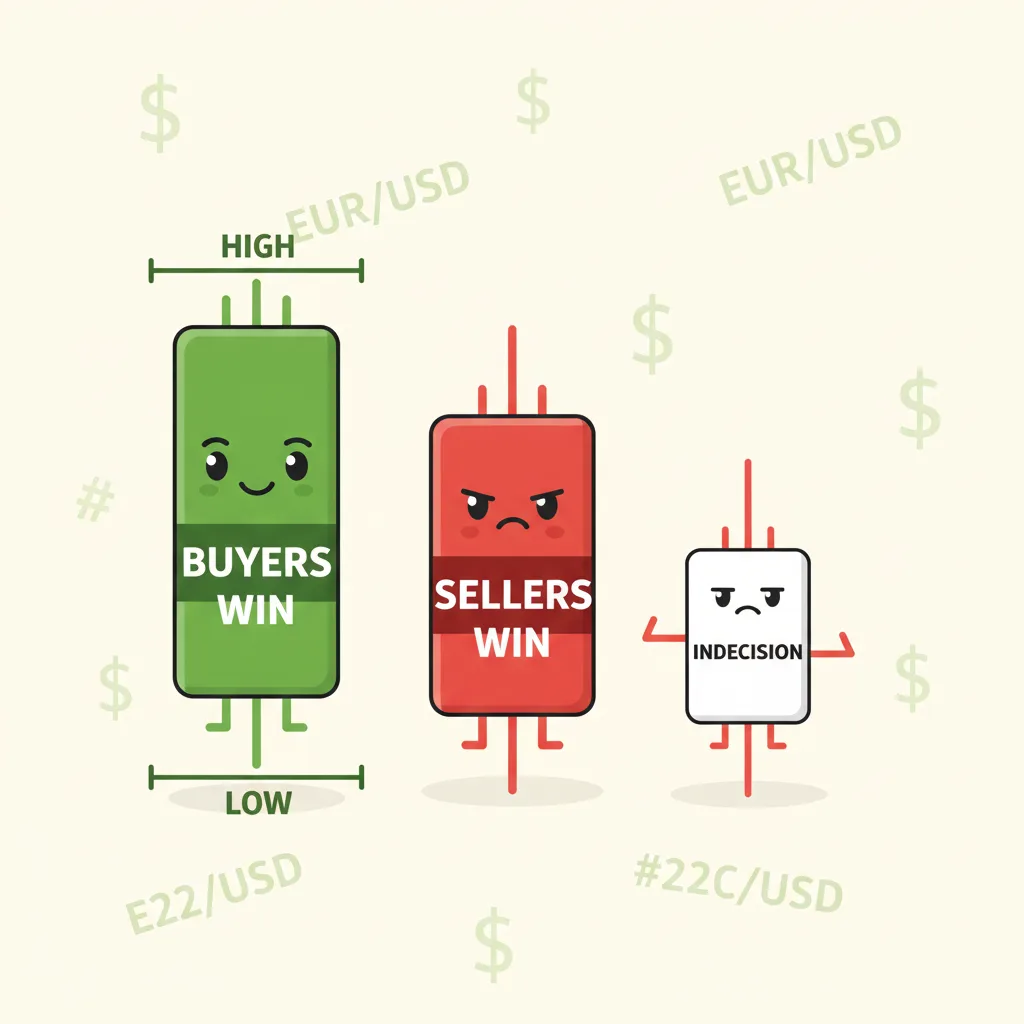 Three candlestick types showing buyer control, seller control, and market indecision.