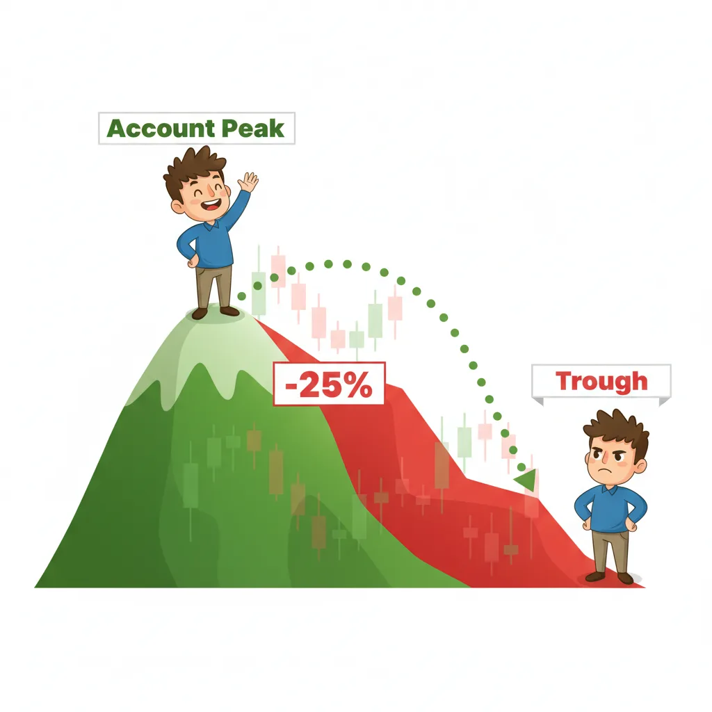 A trader's account climbing to a peak, then experiencing a drawdown valley.