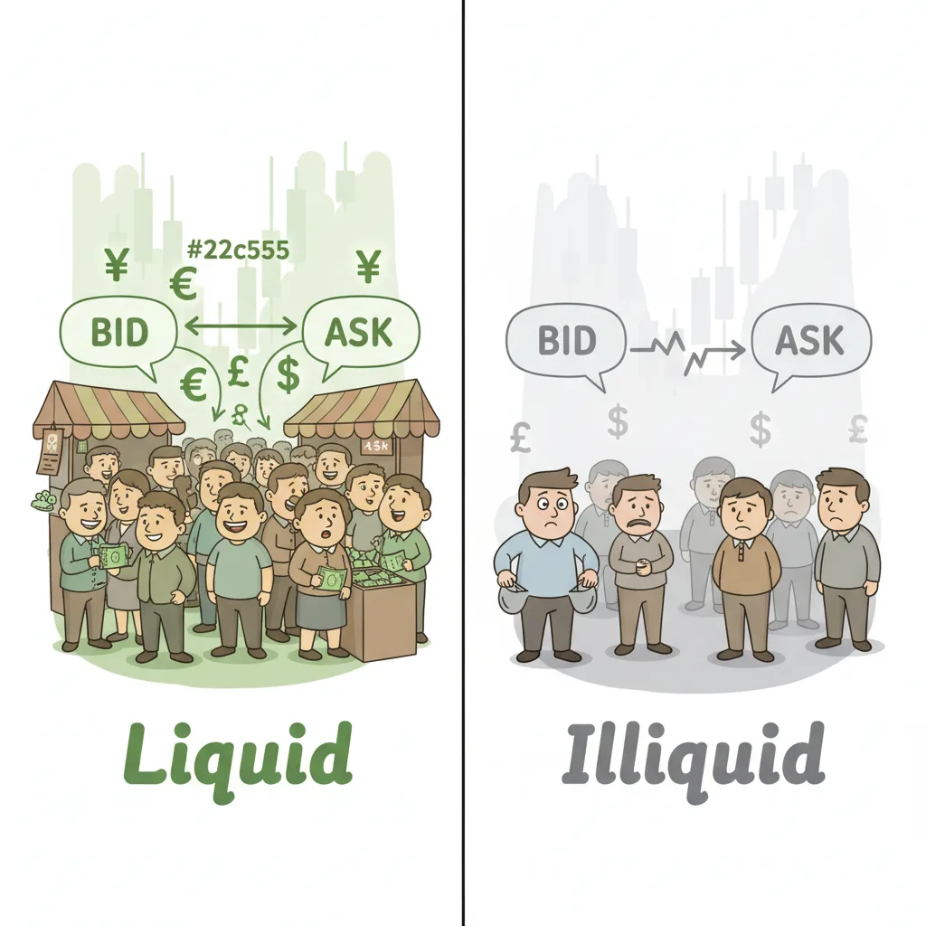 Visual contrast between liquid (crowded, tight spreads) and illiquid (sparse, wide spreads) markets.