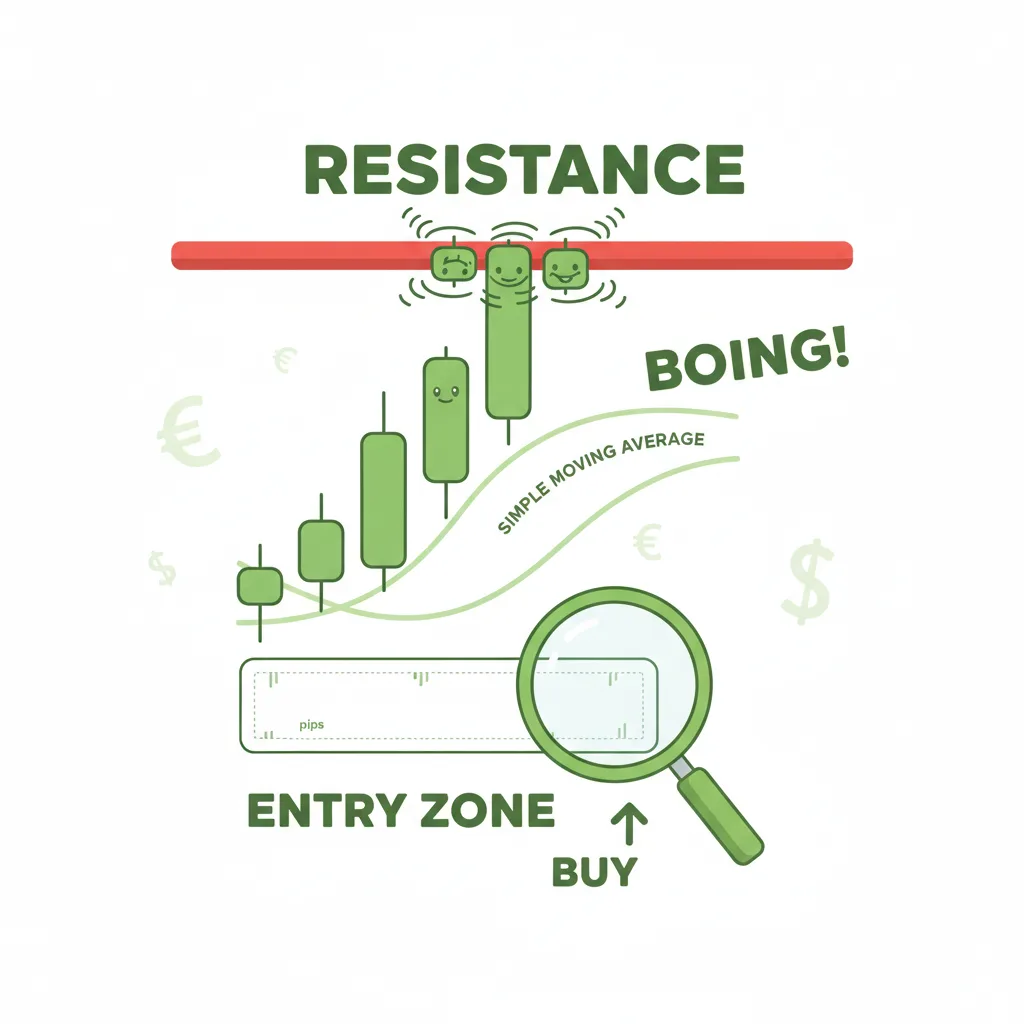 Price hitting a resistance ceiling and bouncing back down in a fun, clear visual.