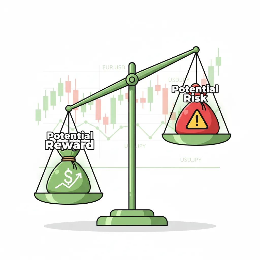A balance scale visually comparing potential reward versus potential risk in a trade.