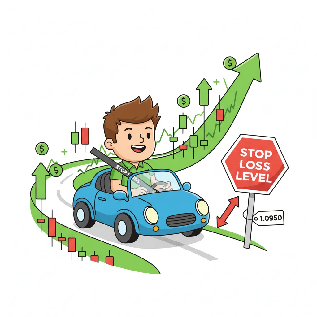 A trader wearing a stop-loss seatbelt while driving on a price-chart road.