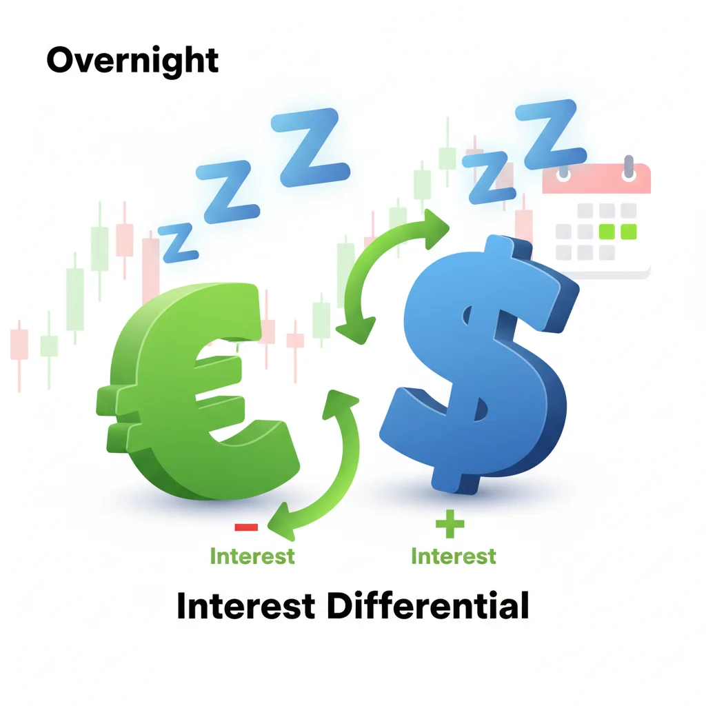 Currency symbols with interest flow arrows showing positive and negative swap directions during overnight holding.